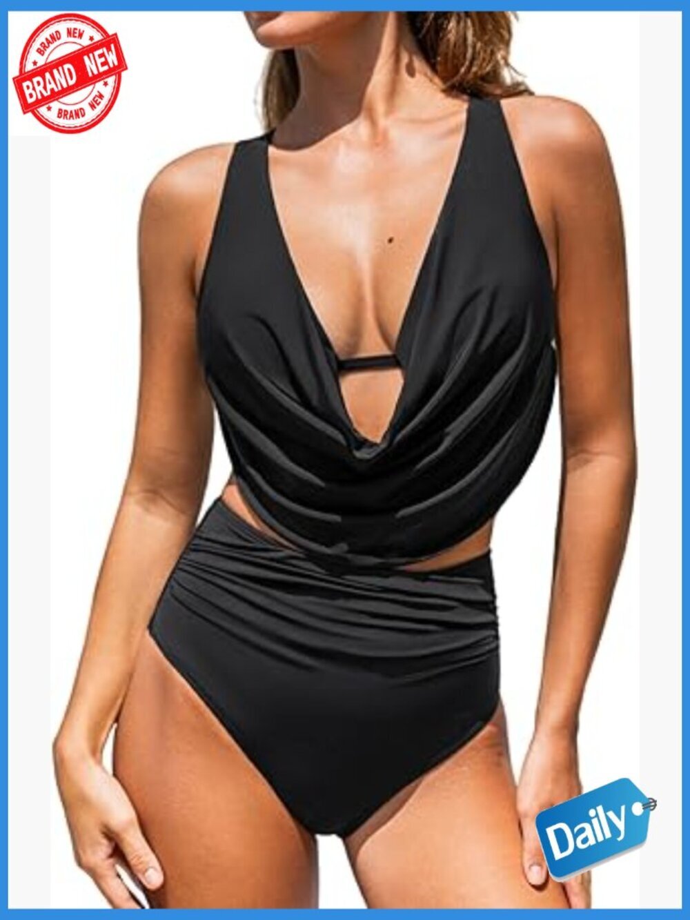 Women's Two Piece Bikini Set High Waisted Deep V Cowl Neck Ruched Crisscross